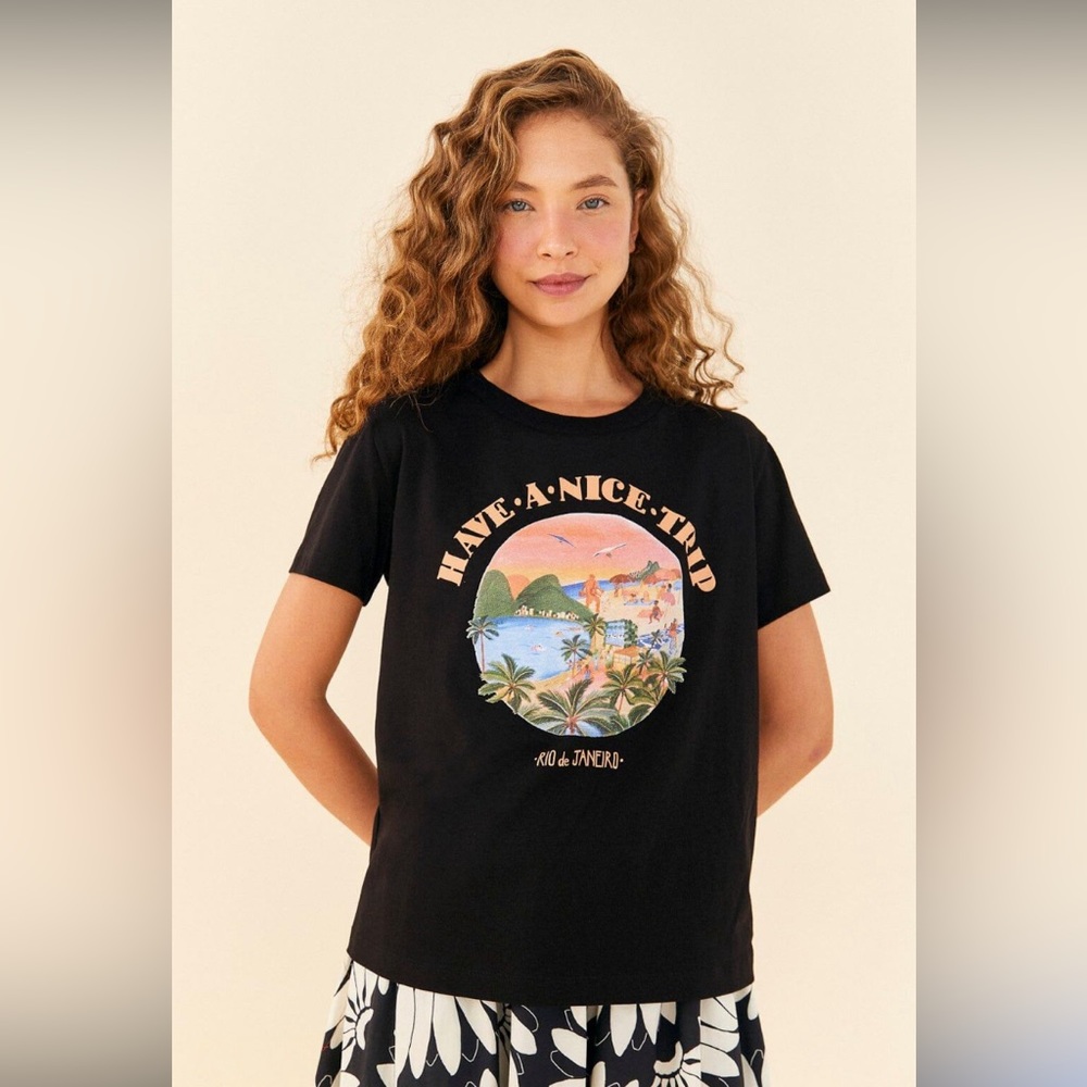 NWT FARM Rio Have A Nice Trip Organic Cotton T-Shirt in Black - Size Large